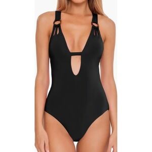 BECCA by Rebecca Virtue Black Plunge One Piece Swimsuit Tortoise Ring Detail S